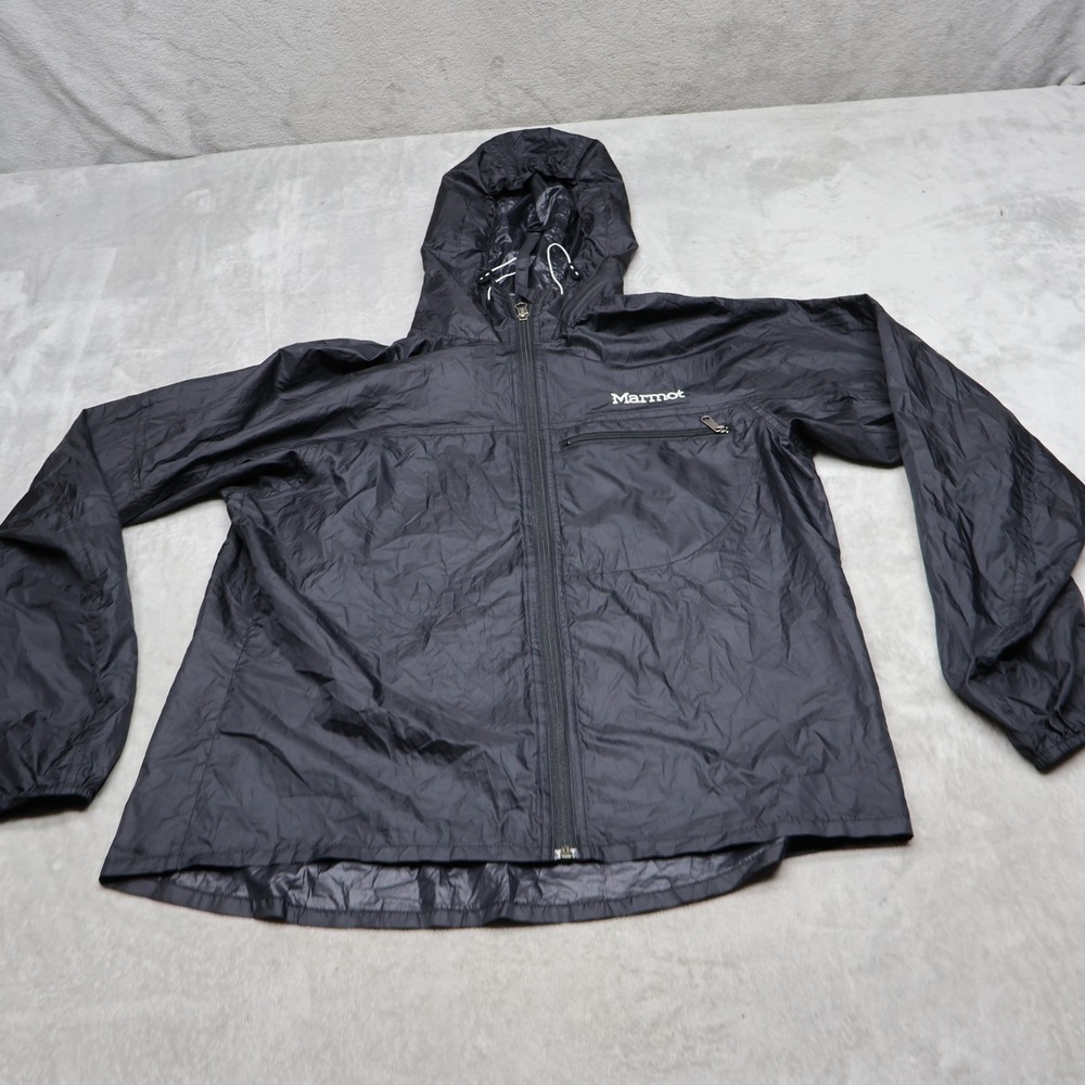 Marmot Jacket Womens Medium Black Light Pack Hooded Full Zip Windbreaker Hiking